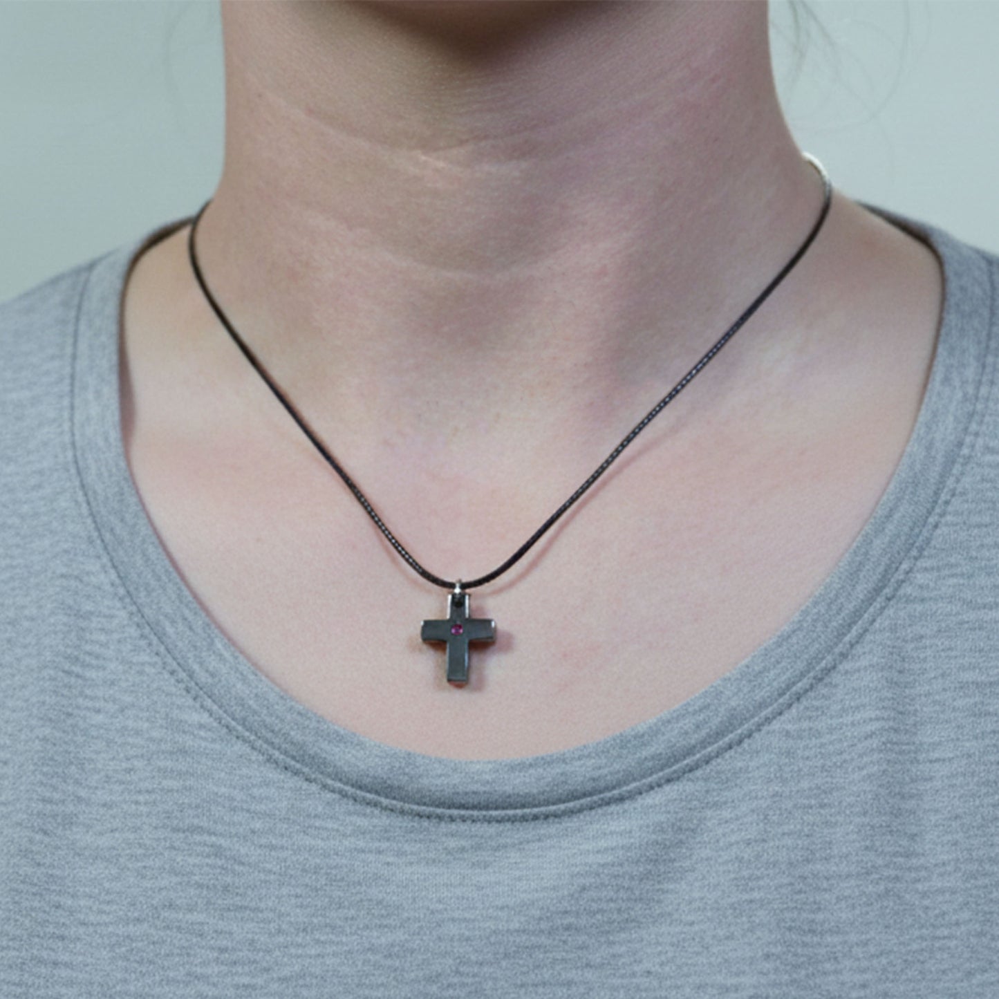 Small Hematite Cross Necklace / Pink Rhinestone