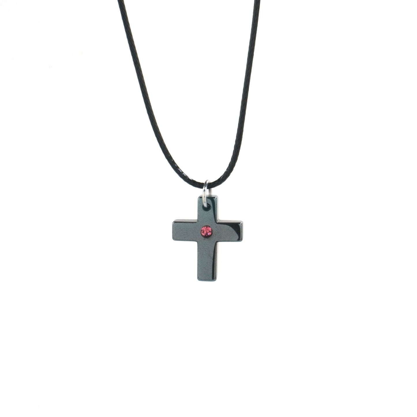 Small Hematite Cross Necklace / Pink Rhinestone