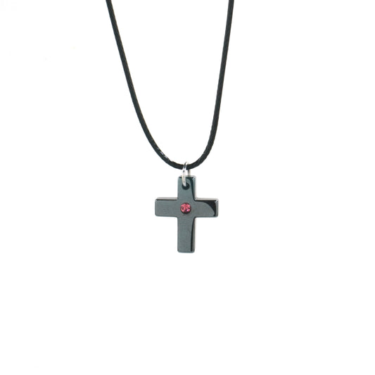Small Hematite Cross Necklace / Pink Rhinestone