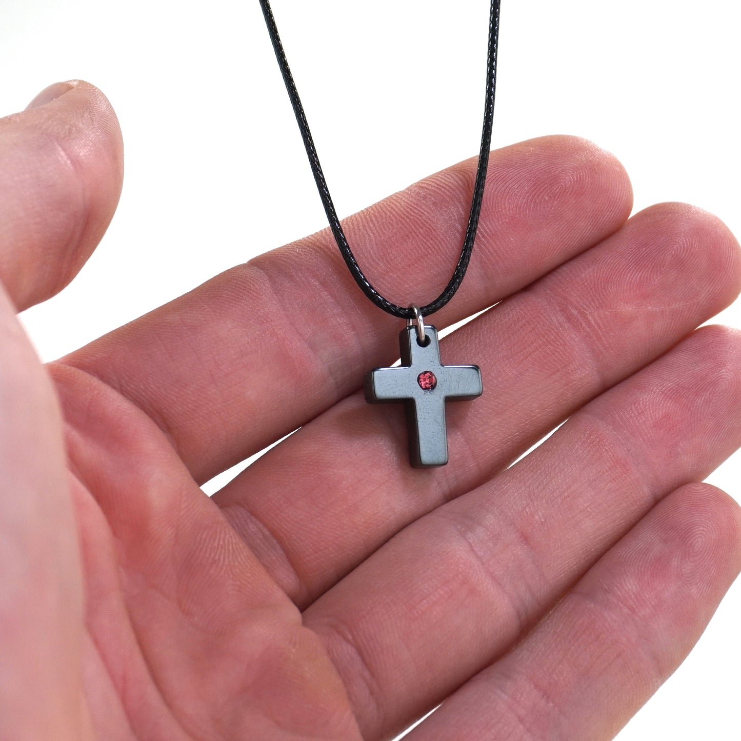 Small Hematite Cross Necklace / Pink Rhinestone