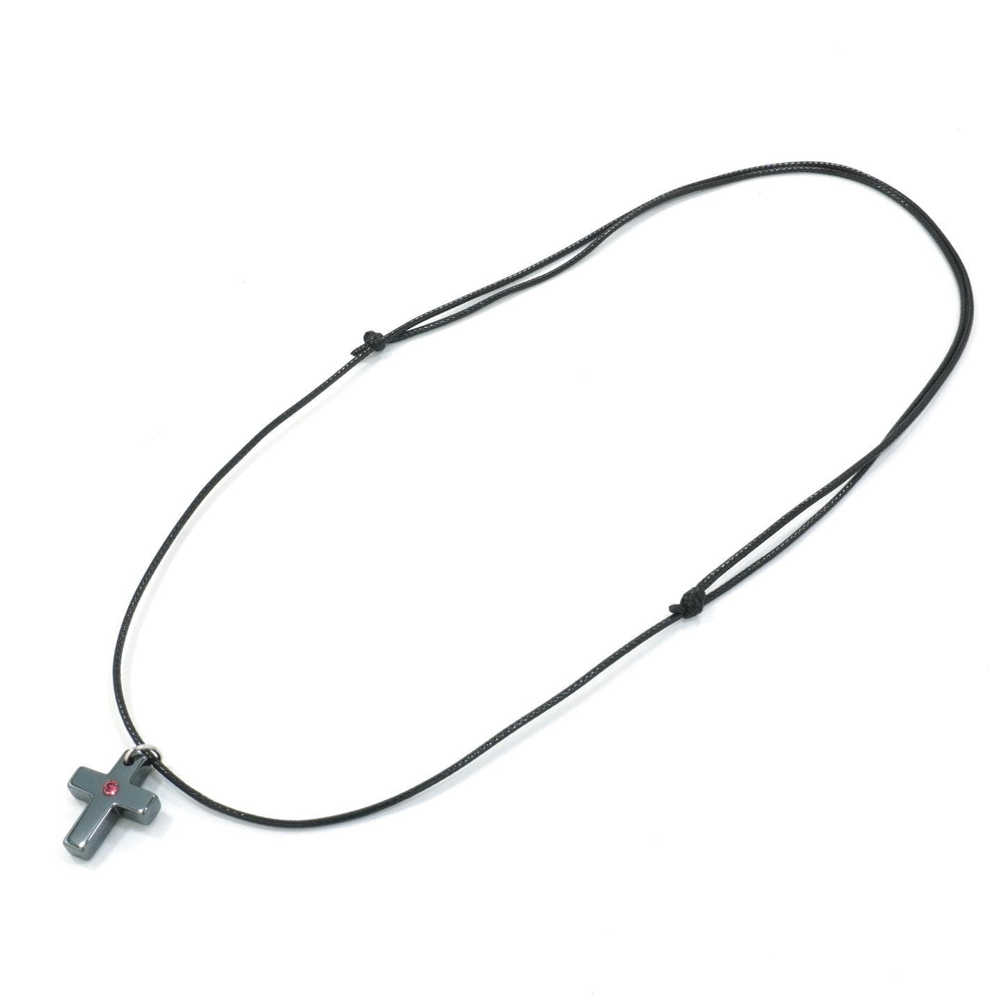 Small Hematite Cross Necklace / Pink Rhinestone